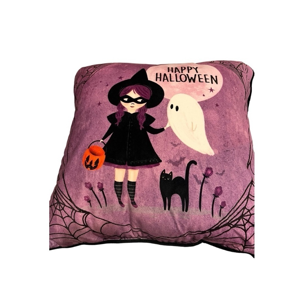 Happy Halloween pillow girl trick or treat ghost black cat spider web 12 x 12 - Picture 6 of 7